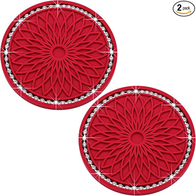 2PCS Bling Car Cup Holder Coasters, 2.75 Inch Silicone Anti-Slip Insert, Bling Shockproof Cup Mat for Women Girls, Universal Fit for Most Vehicles (Red & White)