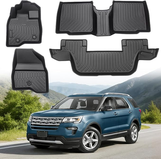 Floor Mats for Ford Explorer 2015-2019 7-Seat Bench & 6-Seat Bucket | Custom Fit Heavy Duty TPE All Weather Protection, Waterproof Non-Slip Black Liners for Front & Rear (Three-Row Floor Mats)