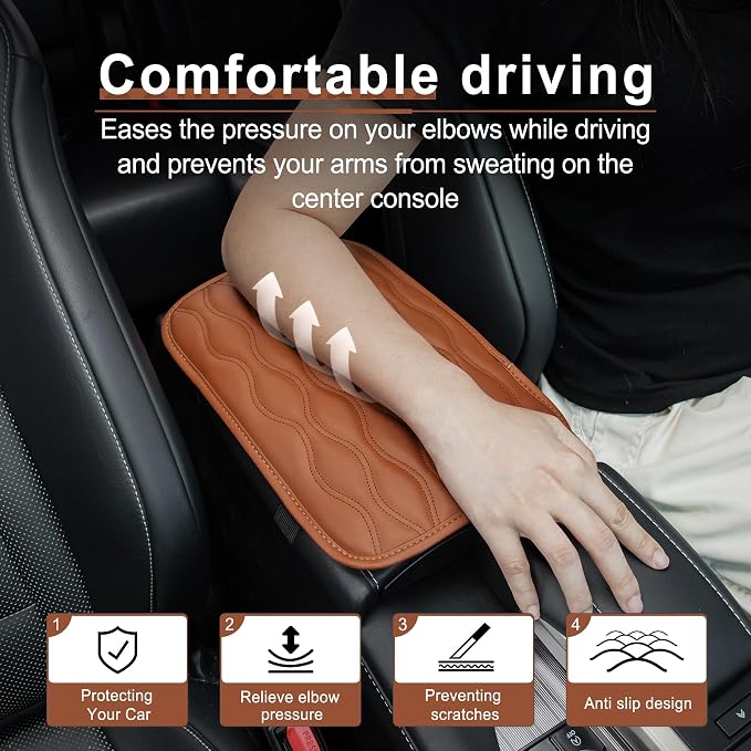 Amiss Car Center Console Cover, Upgraded Leather Car Armrest Cushion, Universal Waterproof Cushion Pad, Non-Slip Car Interior Accessories, Fits Most Sedans SUVs Trucks (Brown)