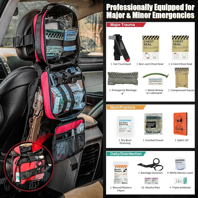 RHINO RESCUE Vehicle IFAK Trauma Kit with CAT Tourniquet Red | Car Headrest Pack, Molle System, TCCC Compliant, Trauma First Aid Kit, Vehicle/Backpack Mount, HSA/FSA Approved