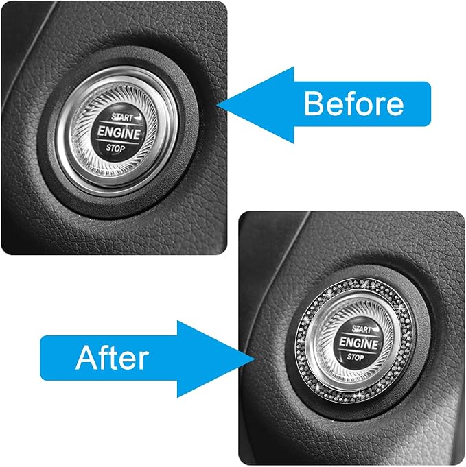 WINKA 2pcs Bling Car Engine Start Button Cover Diamond Crystal Push Start Stop Button Ring Sparkly Bling Ignition Button Cover Rhinestone Keyless Ignition Ring Universal Car Accessories (Silver)
