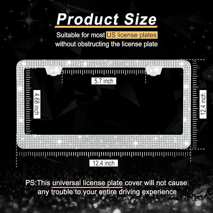 GaRhomxy Bling License Plate Frames for Women, 2 Pack Handcrafted Sparkly Rhinestone Car Accessories, Premium Stainless Steel Frame with 1000+ Faceted Glass Crystals & Free Glitter Caps (White)