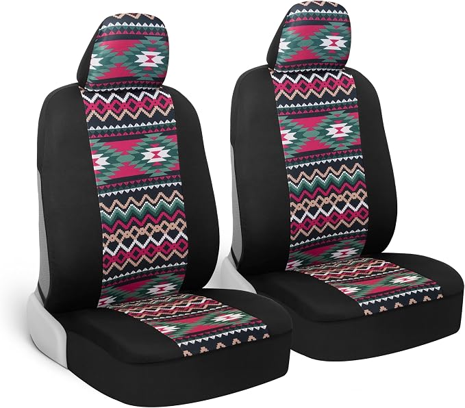BDK Pink Inca Car Seat Covers for Front Seats, 2 Pack– Geometric Print Front Seat Cover Set with Matching Headrest, Sideless Design for Easy Installation, Universal Fit for Car Truck Van and SUV