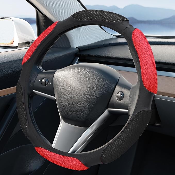 Wuyaoyao Car Steering Wheel Cover, 15 Inch PU Leather Anti-Slip Steering Wheel Covers Protector with Soft Hand Pad Cushion, Breathable & Comfortable, Universal Interior Car Accessories (Black+Red)