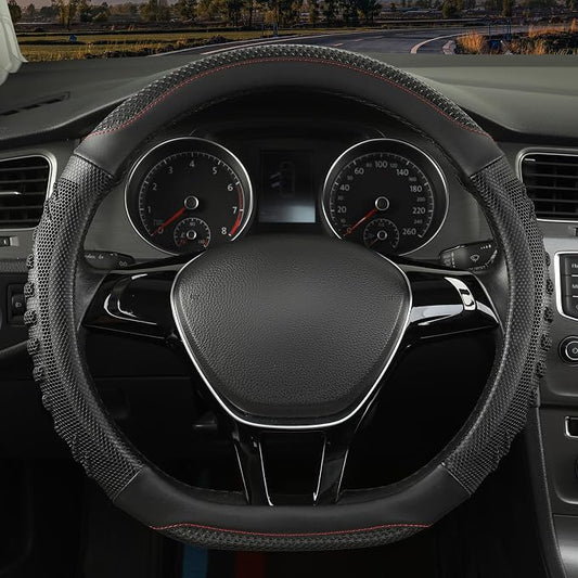 D Shaped Steering Wheel Cover Great Grip with 3D Honeycomb Hole | Anti-Slip Silicone Heavy-duty Microfiber Leather Sporty Design, Universal 14.5 inch - 15 inch, All Black