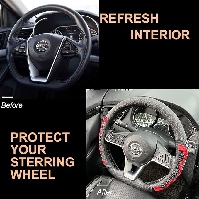 PINCTROT D Shaped Comfy Grip Steering Wheel Cover, Anti-Slip Design, Flat Bottom 14.5-15 Inch(Silicone Red)
