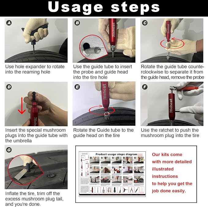 Richcat Tubeless Tire Puncture Repair Kit with Mushroom Plug, Repairs punctures and Flat Tires for Motorcycles, Cars, Trucks, ATVs and Tractors