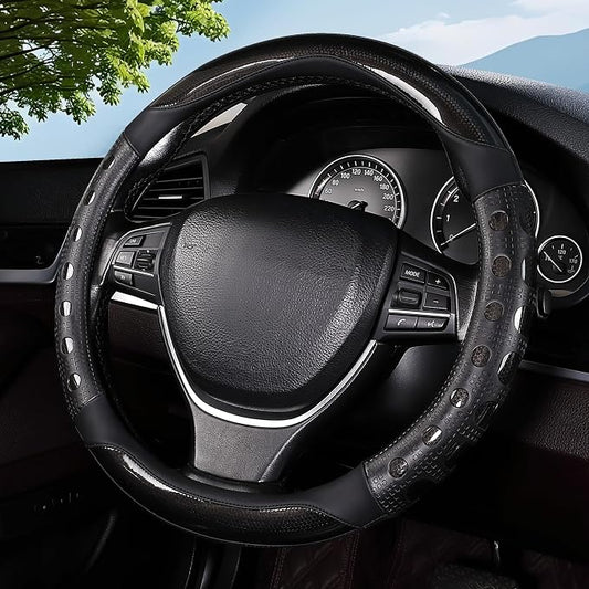 Hiseanllo Car Steering Wheel Cover, 14.5-15 Inch Universal Fit, Sporty Anti-Slip Leather Steering Wheel Protector with Glossy Color Accent, Comfortable Grip for Cars, SUVs, Trucks(Black)