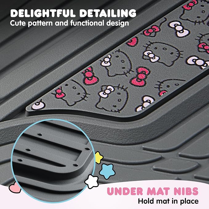 Hello Kitty Car Mats 4pc Floor Mats for Cars Trucks SUVs Grey Car Floor Mats for Women Men Accessories Rubber Heavy Duty Cute Non-Slip Always Front Rear Hello Kitty Cars Accessories Gray/Pink