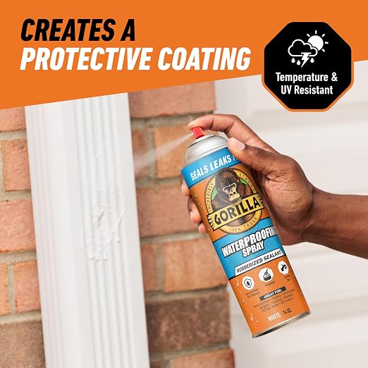 Gorilla Waterproofing Spray White, Flexible Rubberized Sealant Coating, Paintable UV Resistant, Seals Water Air Moisture, 16 oz (Pack of 1), for Roofs Gutters Skylights RVs Windows & More