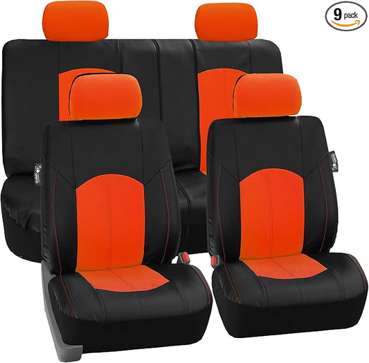 FH Group Automotive Seat Cover Highest Grade Faux Leather Orange Black Full Set, Combo Car Seat Cover Design Airbag Compatible Split Bench Tan Car Seat Cover Interior Accessories Universal Fit SUV