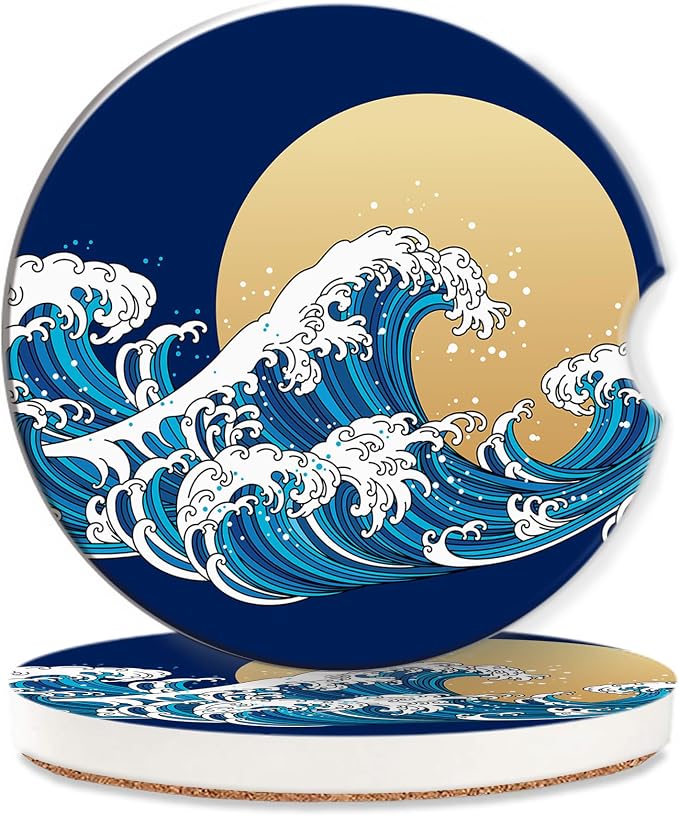 Great Wave Car Cup Holder Coaster,Japan Ocean Sunset Car Coasters for Cup Holder,2 PCS Absorbent Insert Ceramic Car Assecories with Cork Back & Finger Notch for Women Men
