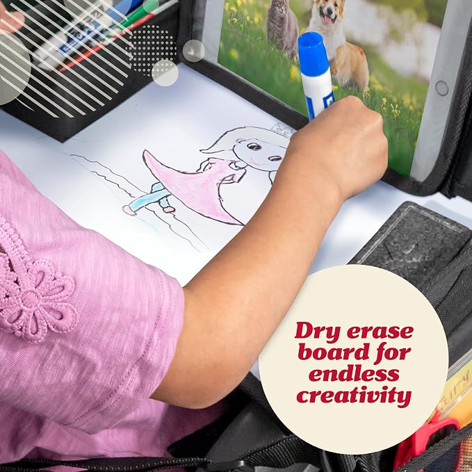 Lusso Gear Kids Car Seat Travel Tray - Dry-Erase Tablet Holder for Road Trip Activities - Cup Holder & Storage for Toddler Travel Essentials - Plane Activity Tray for Airplane Essentials - Dinos