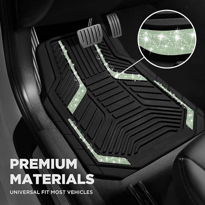 PIC AUTO Car Floor Mats, Green Sparkly Crystal Bling Glitter Car Mats Set, Front and Rear Heavy Duty Rubber Car Mats with Anti-Slip Backing, All Weather, Trim-to-Fit for Automotive SUVs, Sedan, Vans