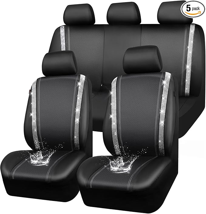 CAR PASS Bling Diamond Car Seat Covers Full Set, Shining Rhinestone Waterproof Faux Leather, Rear with Zipper, Universal Fit Automotive Glitter Crystal Sparkle Strips for Cute Women Girl, Silver