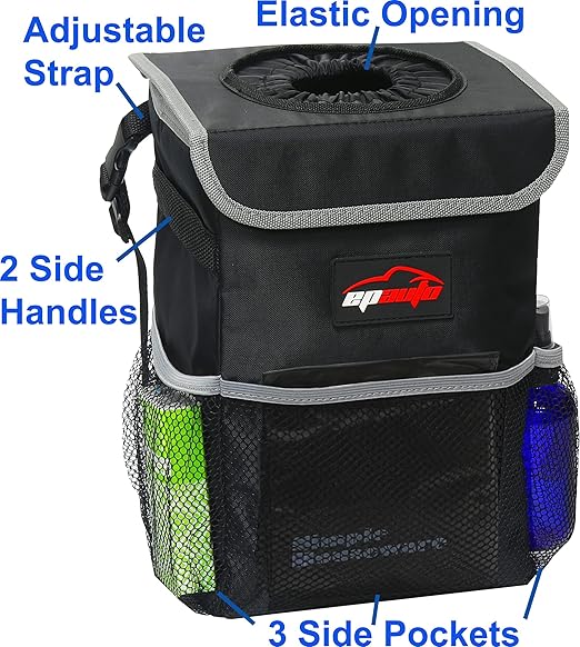 EPAuto Waterproof Car Trash Can with Lid and Pockets, 2.5 Gal, Black | Leakproof, Collapsible Multipurpose Car Bin with 3 Side Storage Pockets, Adjustable Straps