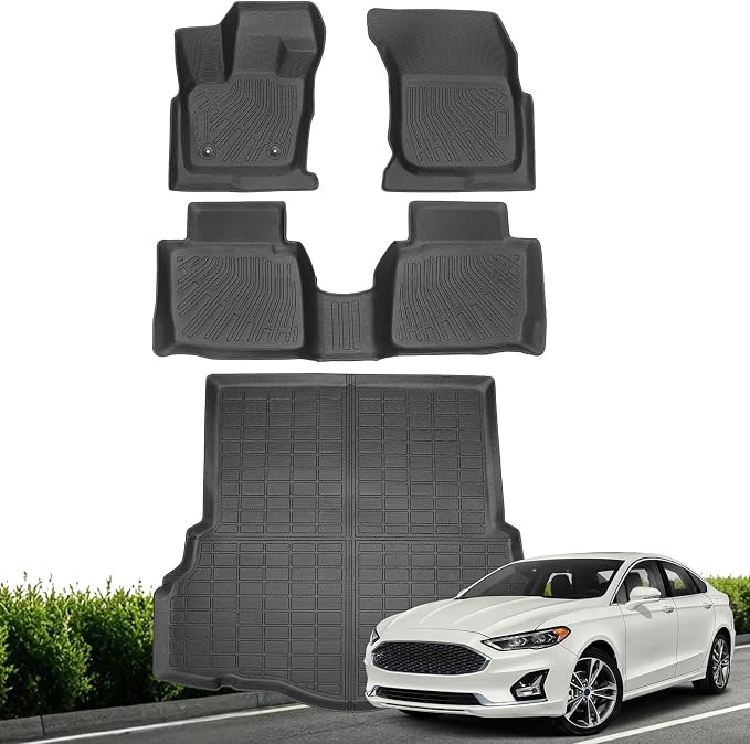 Floor Mats & Cargo Liner for Ford Fusion 2017 2018 2019 2020 (NOT Hybrid) | All Weather TPE Floor Liners Custom Fit Fusion Heavy Duty Car Mats 1st & 2nd Row & Trunk Mat Accessories Black