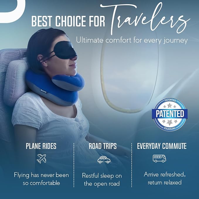 BCOZZY Travel Neck Pillow for Airplane – Patented Double Support for Head, Neck, and Chin. Best for Long Flights, Plane Sleeping, and Car Rides. Adjustable Size. Fully Washable. Carry Bag. Large, Gray