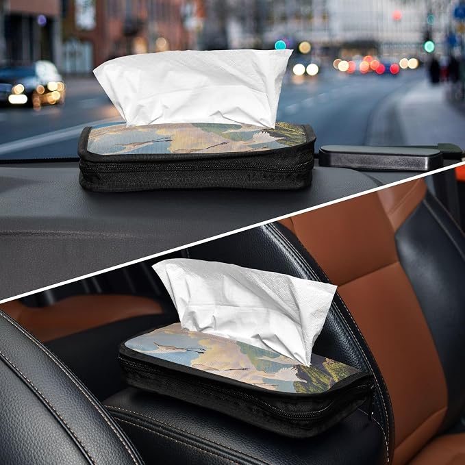 White Egret Fly Coastline Car Tissue Holder Durable Napkin Holder Hanging Tissue Holders Case Car Tissues Bag for Sun Visor Seat Back Universal Auto