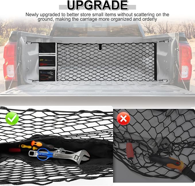 Amiss Truck Bed Cargo Net with Side Organizer, Compatible with Toyota Tacoma 2005-2025 2026, Portable Storage for Pickup Cargo and Heavy Duty Hook, Exterior Accessories for Car SUV Truck