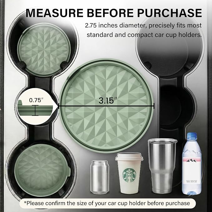 Car Coasters 3.15in[4 Pack] Car Accessories Fit for SUV and Trucks Silicone Mats Non-Slip, Car Cup Holders Insert Coasters, Car Interior Accessories, Decor, Gift Sage Green