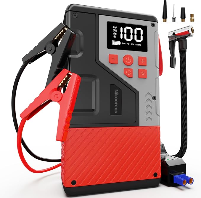 Portable Car Jump Starter with Air Compressor for Emergencies, | 3000A Peak and 150 PSI Max,for 12L Gas & 10L Diesel Engines,LCD Display,LED Light