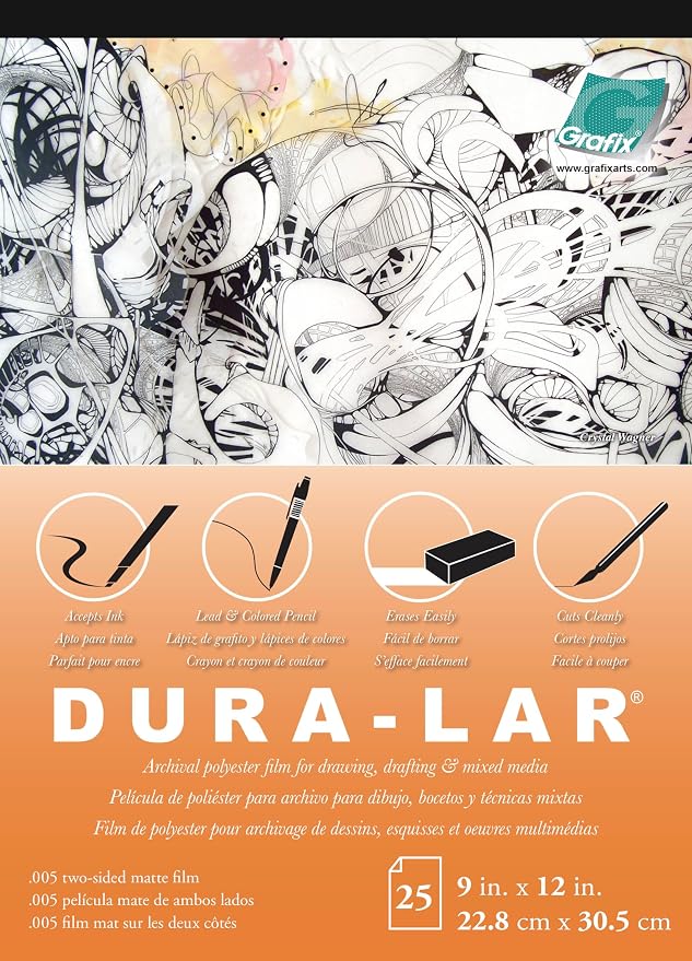 Grafix Dura-Lar 0.005" Film, Matte, Translucent 9"x12", Economical Alternative to Drafting Film, Mylar and Acetate, Translucent Drawing Surface for Lead, Ink, Charcoal and Paint, Pad of 25 Sheets