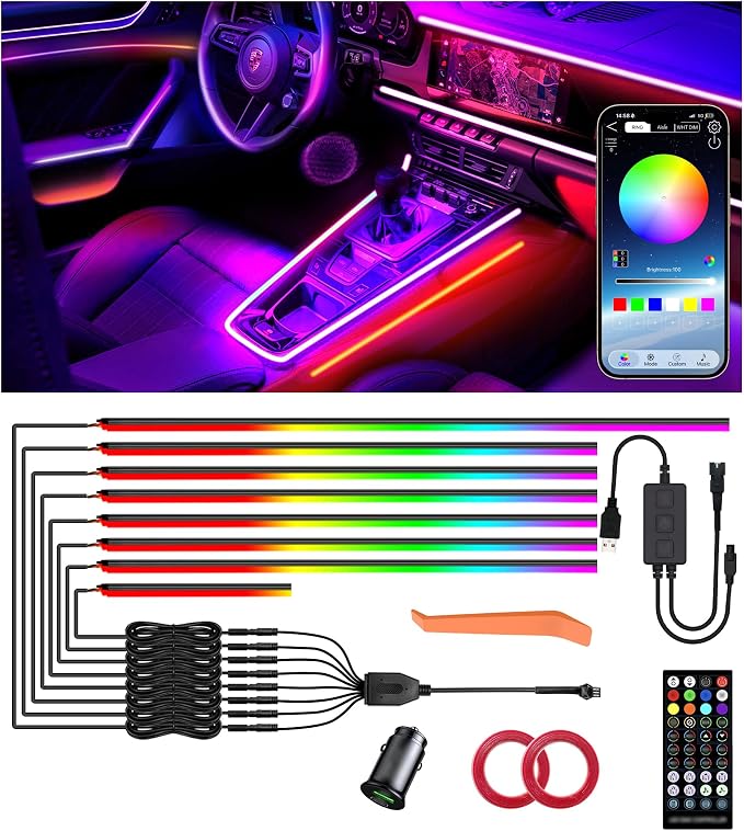 KENANEK 246inch Acrylic LED Lights for Car– 8 Dreamcolor Interior Car LED Strip Light, APP/Remote/Control Box, Music Sync, Dual USB Cigarette Lighter, Universal Fit for Car/SUV/Truck