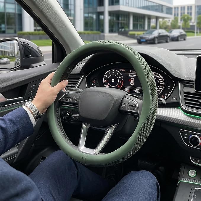 Car Steering Wheel Cover, Universal 15 inch, Green | Microfiber Leather, Breathable Technology Fabric, Non-Slip, Comfortable, Warm in Winter and Cool in Summer