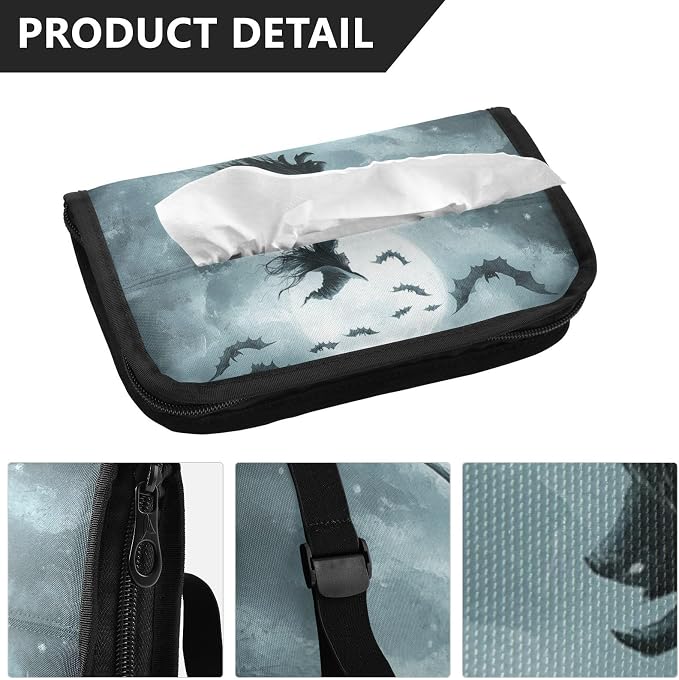 Halloween Bats and Witch Car Tissue Holder Durable Napkin Holder Hanging Tissue Holders Case Car Tissues Bag for Sun Visor Seat Back Universal Auto