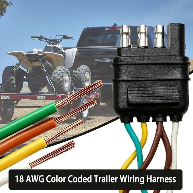 25ft 4 Wire 4-Flat Trailer Light Wiring Harness Extension Kit, Trailer Wiring Harness with 18 Gauge White Ground Wire for Trailers O-016