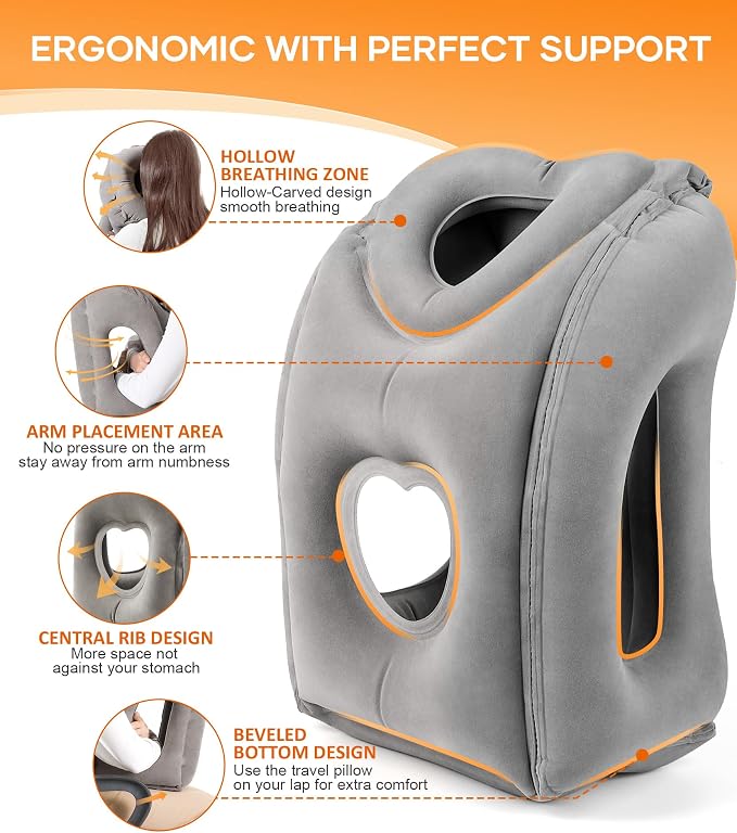 Sunany Travel Pillow, Upgraded Plane Pillow for Long Flights, Inflatable Neck Pillow Used for Airplanes,Cars,Buses,Trains,Office Napping with Eye Mask,Earplugs (Gray)