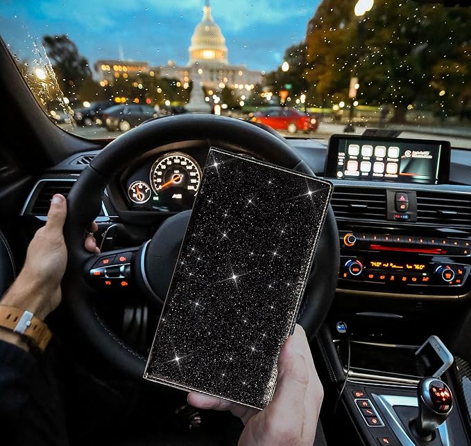 TOURSUIT Car Registration & Insurance Card Holder, Glitter Black | Vehicle License Document Organizer, Glove Box Compartment, Interior Car Accessories, For Women Men