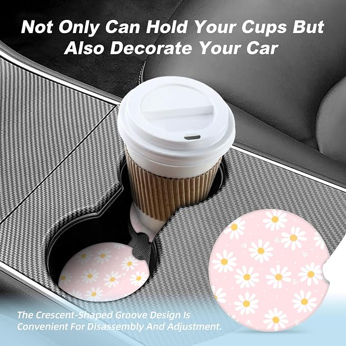 Pink Daisy Flower Car Coasters for Cup Holders,2 Pack Car Cup Holder Coasters for Car,Ceramic Absorbent Car Coaster with A Finger Notch and Cork Base,Car Interior Accessories for Women Men
