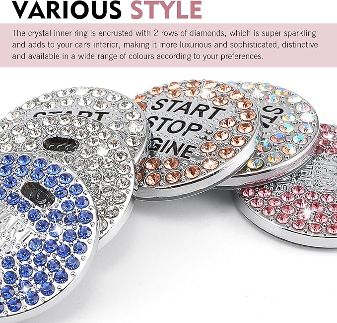Crystal Rhinestone Car Engine Stop Decoration Ring Sticker, Sparkling Rhinestone Push Start Button Decorative Cover, Bling Interior Accessories for Women, Universal for Most Car (Pink)