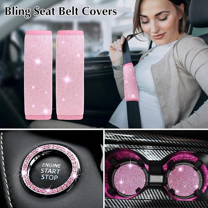 ARTILAURA 11 PCS Bling Car Accessories Set for Women Steering Wheel Covers Butterfly Hanging Seat Belt Cover Air Vent Clips Coasters Cute Glitter Diamond AUTO Accessories Kit (Pink)