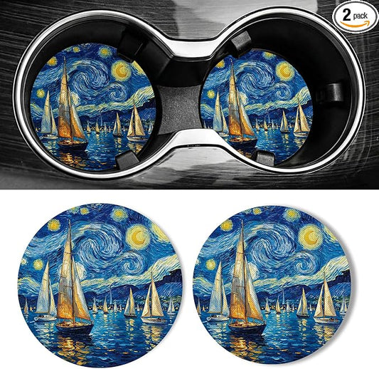 WOCOCN Car Coasters for Cup Holders - 2 Pack 2.75" Universal Rubber Car Cup Coaster, Non-Slip Waterproof Car Interior Accessories, Cute Car Decor Gifts for Women and Men (Sailboat)