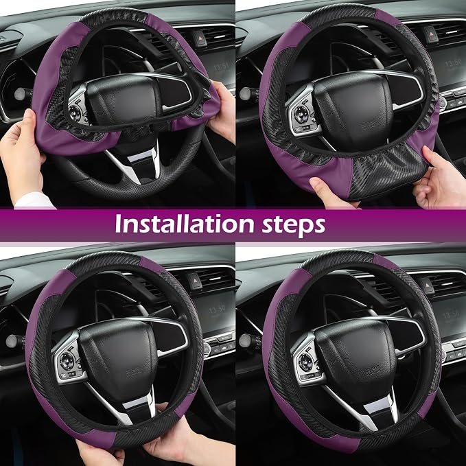 Leather Car Steering Wheel Cover,15 Inch Carbon Fiber PU Elastic Steering Wheel Protector, Anti-Slip Breathable Driving Wheels Covers, Universal Car Interior Accessories (Purple)