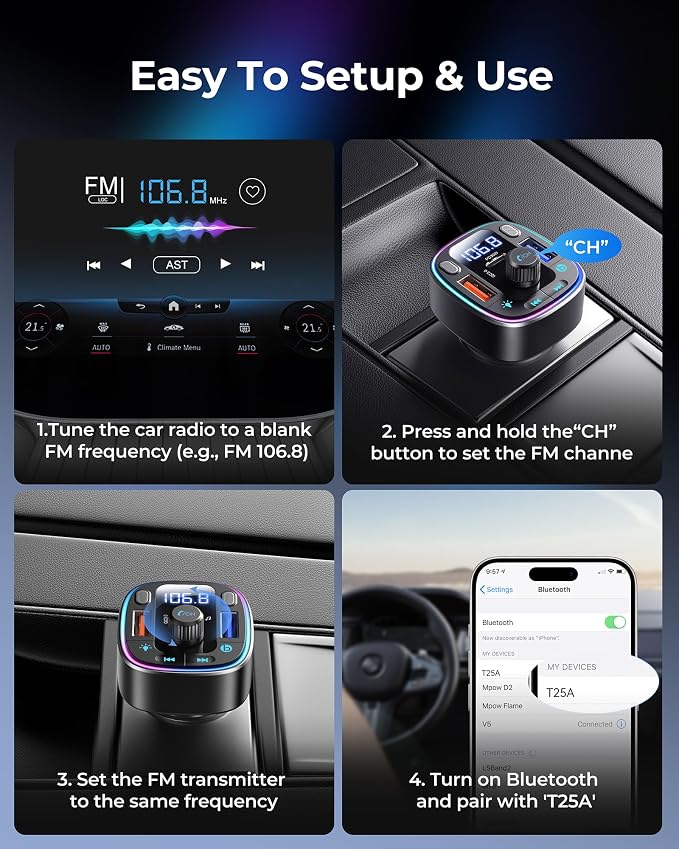 LENCENT Bluetooth 5.4 Car Adapter FM Transmitter 54W Fast Charging | Dual Mics, HiFi Bass Sound, 2 Modes LED Backlit, Cigarette Lighter Adapter Hands-Free Calling Radio, Support USB Drive