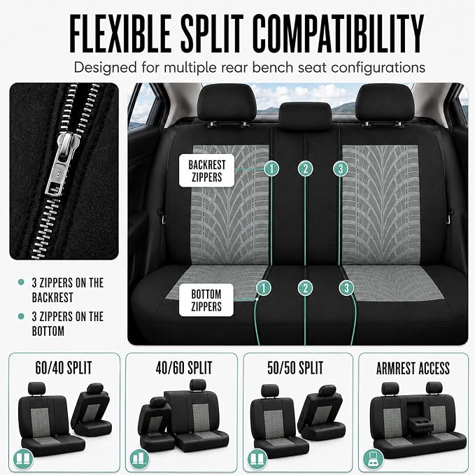 FH Group Rear Set Travel Master Car Seat Covers - Universal Fit, Split Bench Rear Seat, Washable, for SUV, Sedan, Gray
