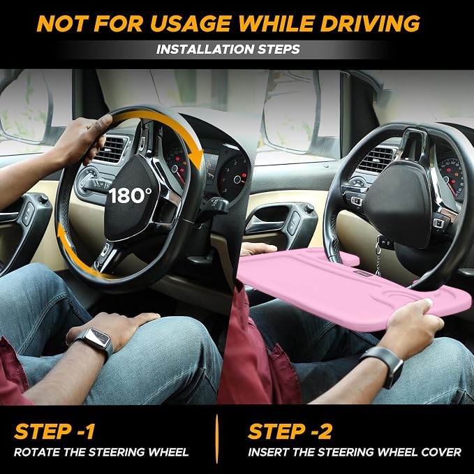 EcoNour 2 in 1 Car Steering Wheel Desk | Steering Wheel Tray for Laptop and Food | Pink Table Tray for Eating with Drinks Holder | Car Accessories