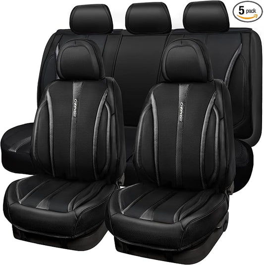 CAR PASS Nappa Leather Car Seat Covers Full Set & Carbon Fiber, Waterproof and Durable All Weather Protector, Universal Fit for SUV Pick-up Truck Sedan Automotive Vehicle Interior (5 Seats, Black)