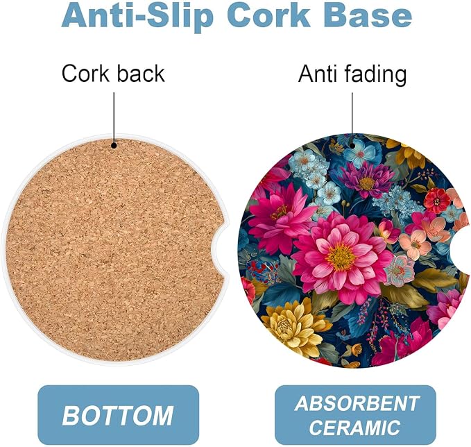 Car Cup Holder Coaster Set of 2, 2.56 in Ceramic Coasters, Scratch-Resistant Cork Backing, Finger Groove Design for Easy Placement, Cute Car Accessories Interior for Women (Colorful Flowers)