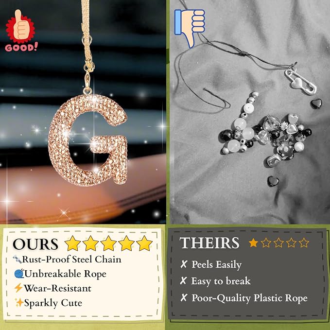 Bling Car Accessories for Women Letter Charm, Rainbow Crystal Rearview Mirror Pendant, Cute Diamond Rhinestone Car Decor, Lucky Gift for Women(G, Champagne Gold)