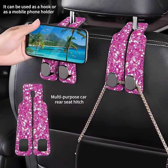 Car Seat Back Storage Headrest Hook, Premium Leather Double Metal Hook, Hanger Storage Organizer for Purse Cloth Bag, Car Interior Accessories Glitter Pink Pattern