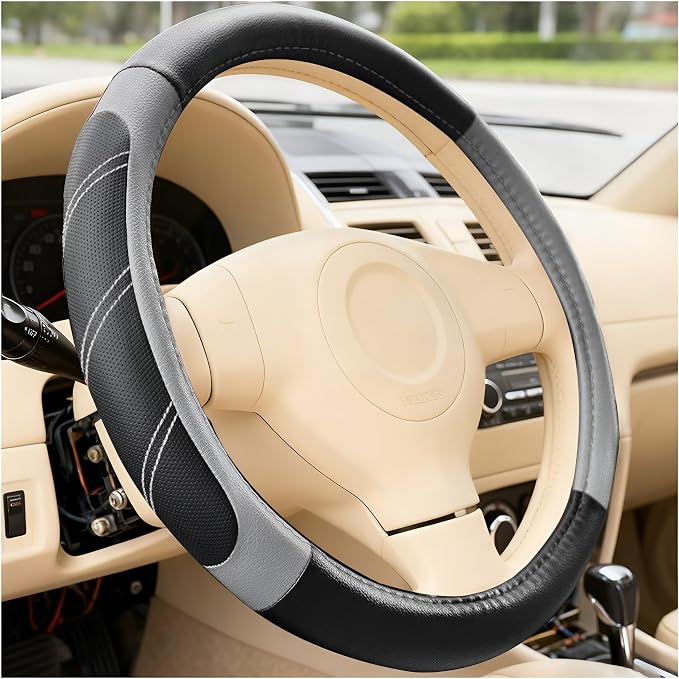 Car Steering Wheel Cover, 14.5-15" Non-Slip Soft Leather Breathable Sporty Steering Wheel Protector, Comfortable Automotive Interior Protection Accessory, Universal for Vehicles (Black/Gray)