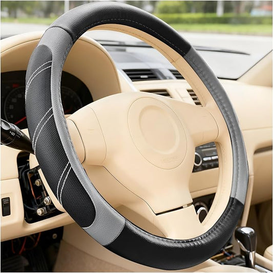 Car Steering Wheel Cover, 14.5-15" Non-Slip Soft Leather Breathable Sporty Steering Wheel Protector, Comfortable Automotive Interior Protection Accessory, Universal for Vehicles (Black/Gray)