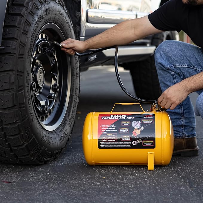 TOOLUXE 30010L 5 Gallon Air Tank, Portable Air Tank, 125 PSI Maximum Pressure, Horizontal Air Compressor Tank, 1/4" NPT 40 Inch Industrial Hose & Chuck, 140 PSI Safety Valve