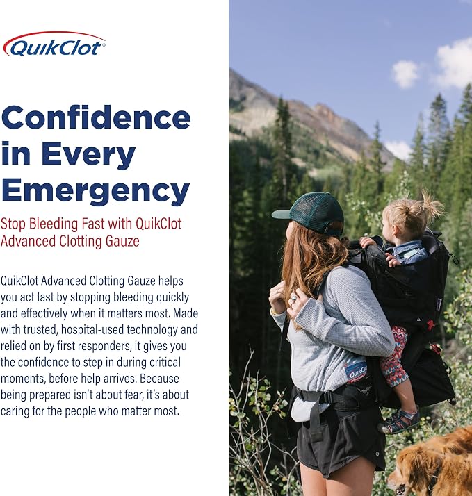 Adventure Medical Kits QuikClot Advanced Clotting Gauze - Stops Bleeding Up to 5X Faster Than Standard Gauze - Kaolin Hemostatic Dressing - for First Aid Kits & Survival Gear - 3 x 24