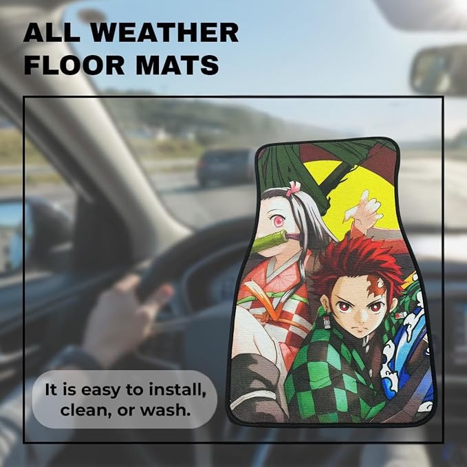 Anime Car Carpet Mat Set of 2 Front, Tanjirs Nezka Design Automotive Accessories Interior All Weather Floor Mats Decor with Non Slip Black Anti Skid Backing